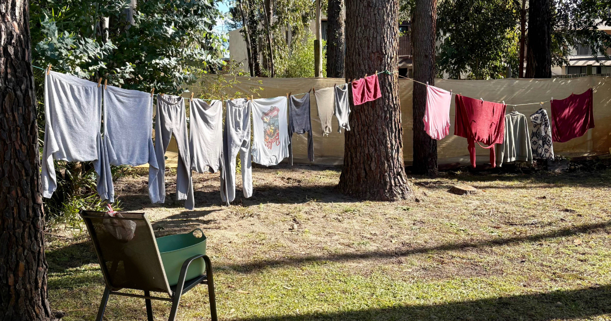 Laundry drying on an outdoor line in Uruguay on a sunny day